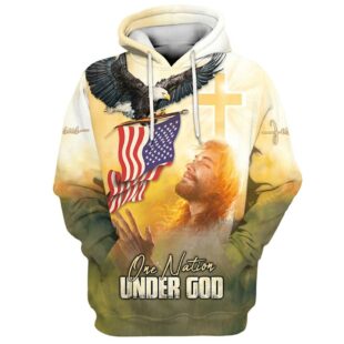 One Nation Under God Hoodie Jesus Bald Eagle American Flag 3D Printed Hoodie - Christmas Gift