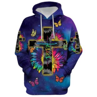 Rainbow Sunflower Butterfly Jesus Cross Hoodie - 3D Printed Hoodie - Christmas Gift