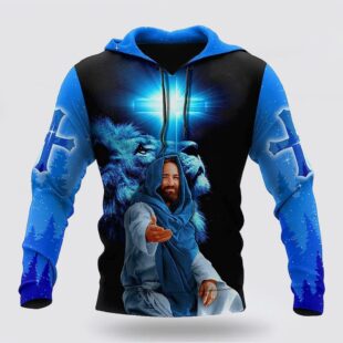 The Cross And The Praying Lion Jesus Focus On Me 3d Hoodies For Women Men - Christmas Gift