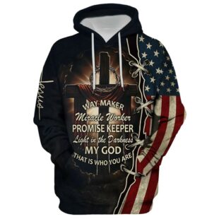 Way Maker Miracle Worker Promise Keeper - American Flag Crown Of Thorns Cross Hoodie - Christmas Gift