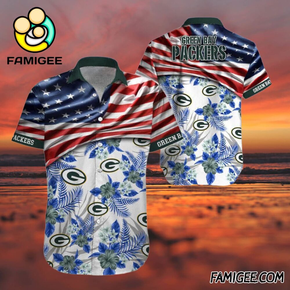 NFL Green Bay Packers American Flag Stripes Floral Hawaiian Shirt Packers Aloha Shirt 3